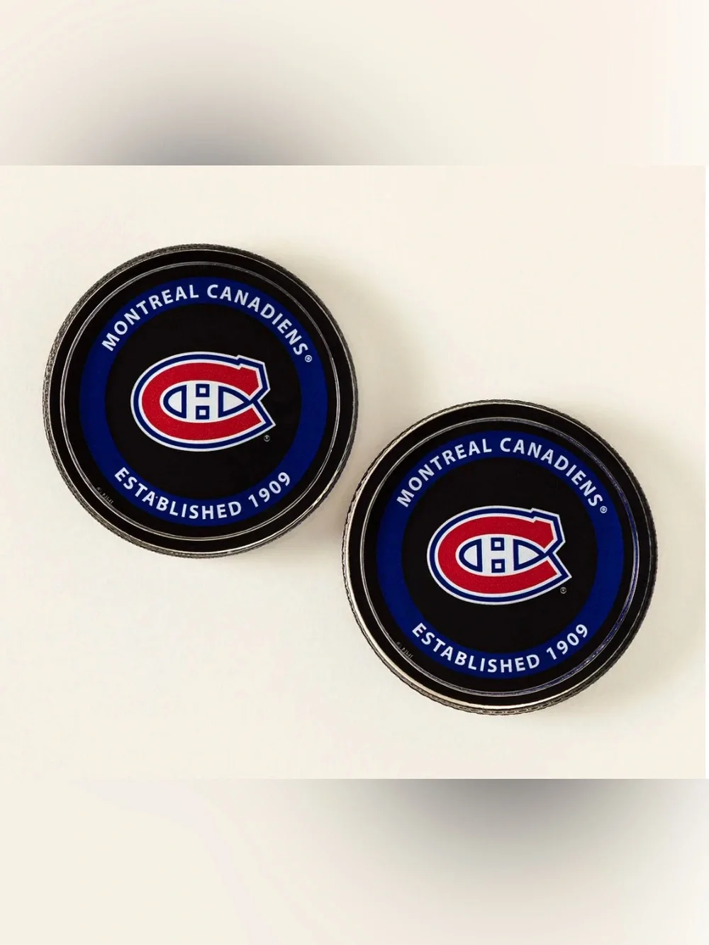 NHL Montreal Canadiens Black and Blue Logo Hockey Pucks